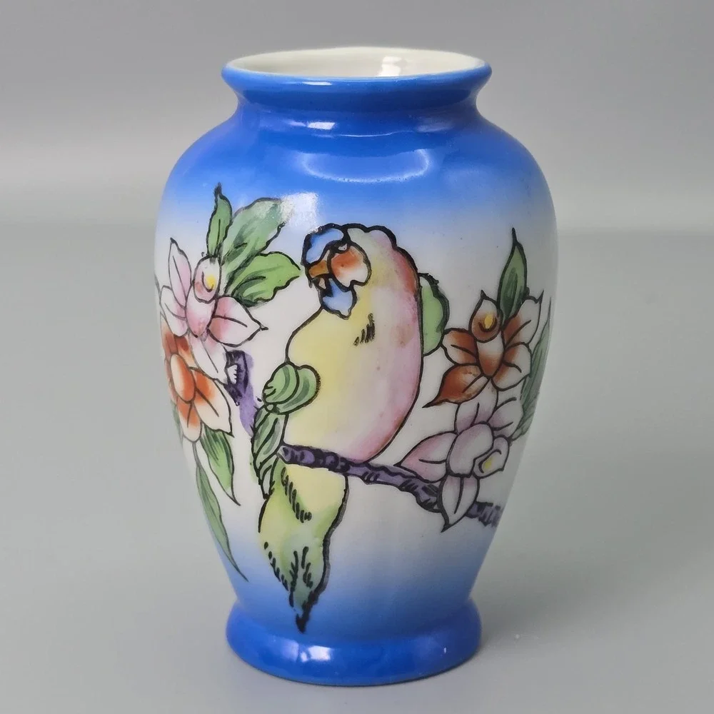 Vintage Occupied Japan‎ Blue Vase Parrot Bird Floral Hand Painted Bud Vase